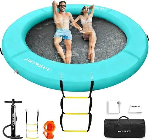 Miniatura 10 de Hamaca de agua inflable Muelle flotante, anillo flotante redondo hamaca flotante inflable para lago, barco, piscina, océano, rosa/verde menta