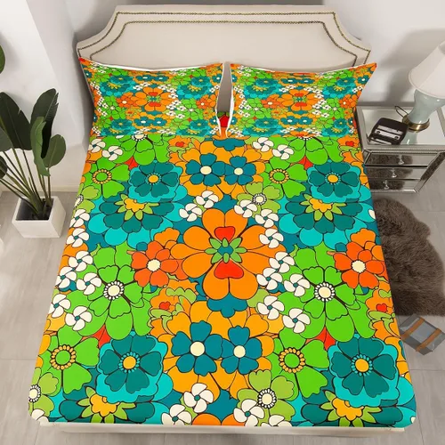 Miniatura 10 de Juego de sábanas ajustadas estilo 70s hippie retro para cama individual, juego vintage de otoño con hojas florales para niños y niños, juego de ropa