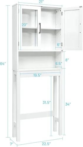 Miniatura 3 de WATERJOY Gabinete de almacenamiento sobre el inodoro, organizador de gabinete de baño con 2 puertas de vidrio templado Moru, estante para inodoro