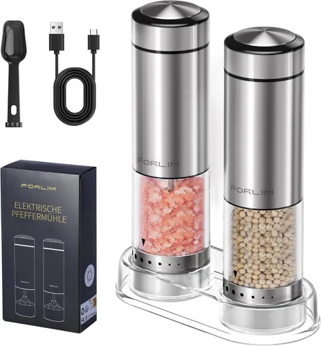 Miniatura 12 de FORLIM Juego de molinillo eléctrico de sal y pimienta, recargable por USB, molinillo automático de sal y pimienta con cubierta antipolvo, control