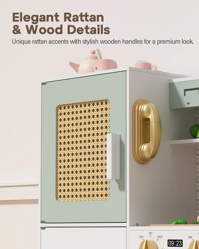 Miniatura 4 de Babytronic Juego de cocina de madera para niños, cocina de juego de simulación rosa con luces y sonidos, juguete de cocina de estilo retro para Verde