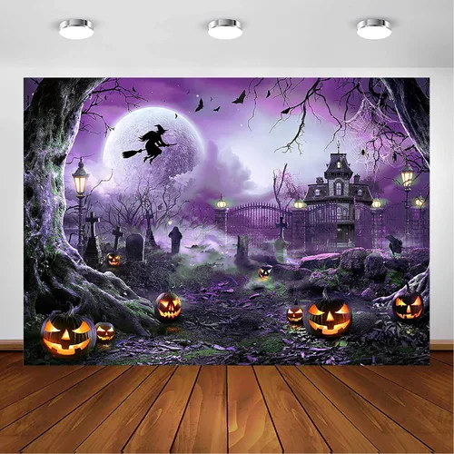 Miniatura 12 de Avezano Telón de fondo para fotografía de Halloween, luna llena, noche aterradora, castillo, calabazas, fondo de fiesta, espeluznante, bruja, Gris