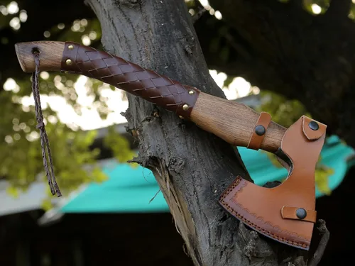 Miniatura 6 de ANCILLA Hacha vikinga de 16 pulgadas para camping, hecha de hoja de acero al carbono forjada a mano y mango de palisandro, el hacha viene con funda