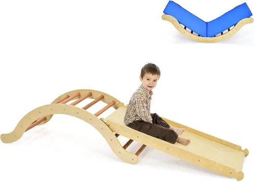 Miniatura 13 de HONEY JOY Arco de escalera de madera para escalar, escalera de escalada para niños 3 en 1 y tabla de columpio con almohadilla acolchada, juego