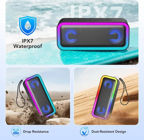 Miniatura 7 de Altavoz Bluetooth portátil, altavoz inalámbrico estéreo de 30 W con graves profundos y luces RGB, Bluetooth 5.4, IPX7 impermeable, tiempo