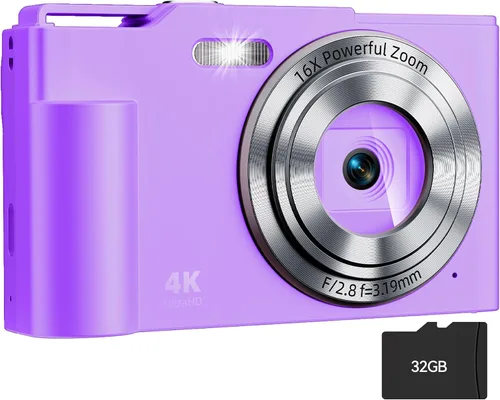 Cámara digital, FHD 4K Cámara digital de apuntar y disparar con zoom de 16X antivibración, cámara pequeña compacta de 48 MP con tarjeta de 32 GB