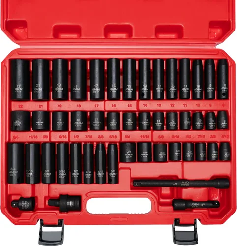 AMM Juego de llaves de impacto de 3/8 pulgadas, 48 piezas SAE estándar (5/16 a 3/4 pulgadas) y tamaño métrico (0.315-0.866 in), barra de extensión