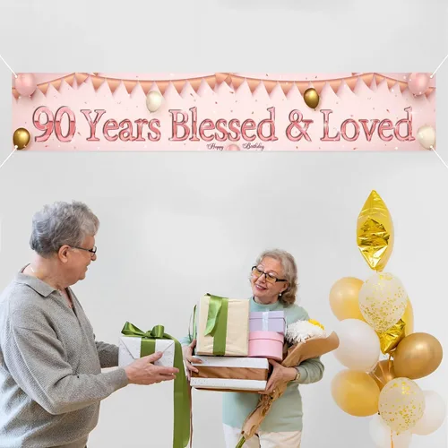 Miniatura 4 de Labakita Cartel de 90 años bendecidos y amados, pancarta grande de feliz cumpleaños 90, decoraciones de cumpleaños de mamá abuela 90 años, pancarta