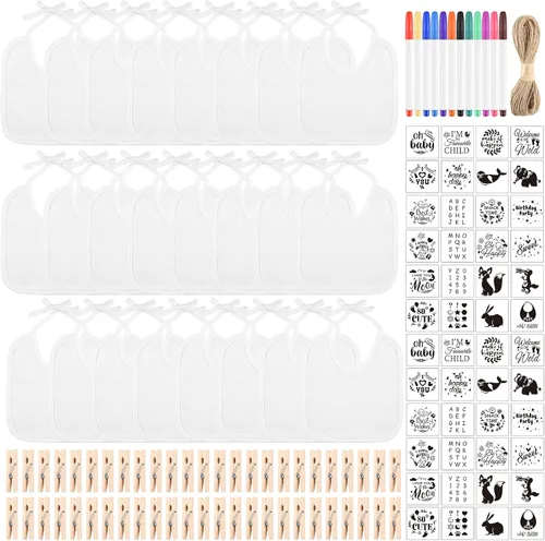 Miniatura 9 de BOUBONI Set de 55 piezas para decorar baberos de bebé DIY Incluye 10 baberos blancos 12 marcadores de tela 12 plantillas 20 pinzas para la ropa 1