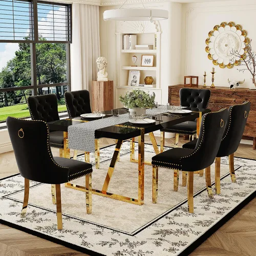 Miniatura 10 de Juego de mesa de comedor negra para 4, parte superior negra brillante de 55 pulgadas con patas de metal dorado, juego de mesa de comedor moderno