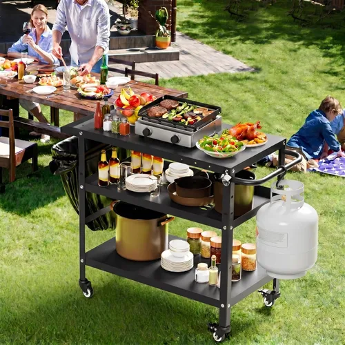 Miniatura 3 de Xilingol Carrito de parrilla al aire libre, mesa de soporte para horno de pizza con ruedas para patio exterior, mesa de preparación de cocina al