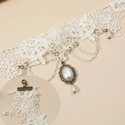 Miniatura 4 de YienDoo Gargantilla de encaje vintage con patrón de encaje gótico blanco, collar punk con borla y cuentas de perlas, gargantilla de princesa