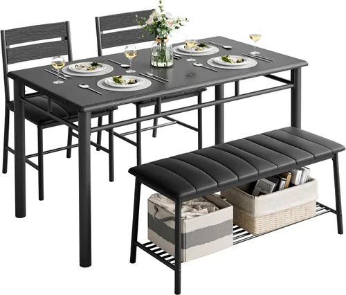 IRONCK Juego de mesa de comedor para 4, mesa de cocina con banco tapizado y 2 sillas, juego de mesa de cocina y sillas para espacio pequeño, Negro