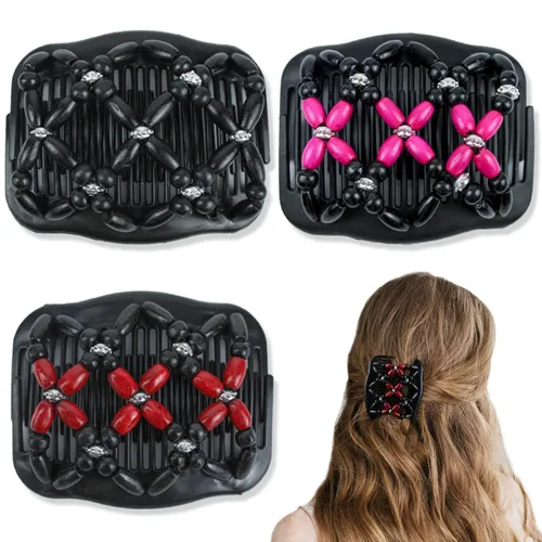 Miniatura 10 de 3 piezas de peine elástico mágico para el cabello, doble peine elástico, horquillas para mujeres, horquillas con cuentas, niñas, peinado vintage