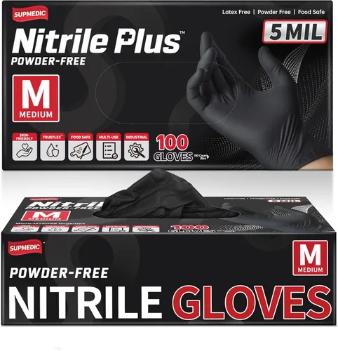 Supmedic Disposable Nitrile Gloves, 5Mil Chemical Resistant Powder-Free Latex-Free Glove Exam Cook Tattoo, Black Blue 100Pcs (Negro) Medium