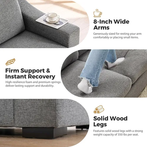 Miniatura 8 de ELUCHANG Sofá moderno de 85 pulgadas para sala de estar, sofá de lino natural de 3 plazas con asientos extra profundos, cojín tapizado y funda