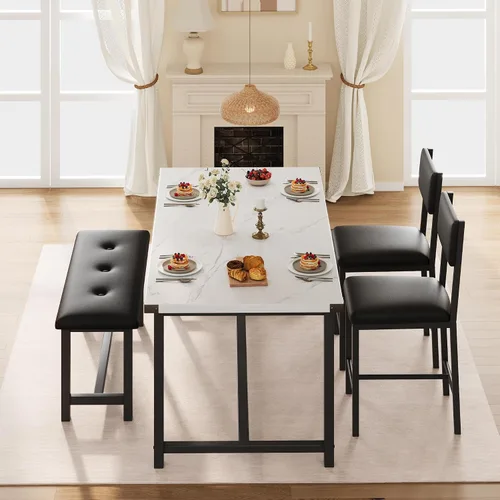 Miniatura 5 de GarveeHome Juego de mesa de comedor para 4, mesa de cocina con 2 sillas tapizadas y banco, juego de comedor de cocina de madera, para espacios
