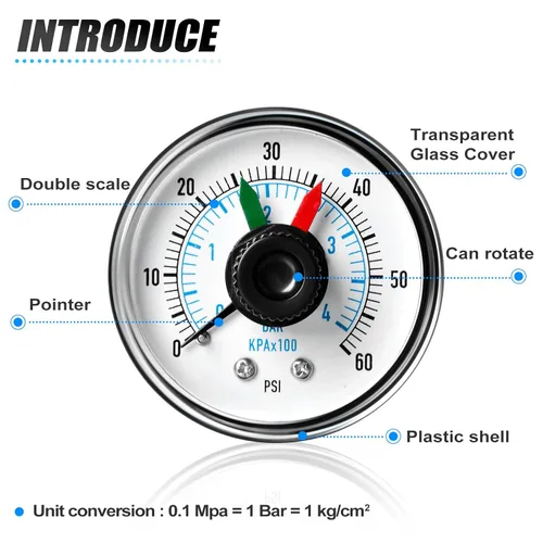 Miniatura 4 de MEANLIN MEASURE Caja de manómetro NPT de 0-60 Psi de 1/4" con dial para seleccionar filtro, 3-2-3% de precisión, montaje trasero central, con 1/2