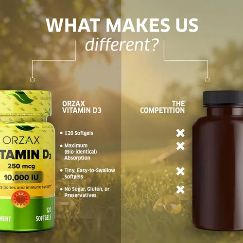 Miniatura 6 de ORZAX Vitamina D3 10000 iu (250 mcg) - Sin OMG, sin gluten, sin azúcar, sin lácteos - Suministro de 120 días para una función muscular fuerte