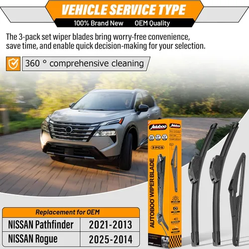 Miniatura 2 de AUTOBOO Limpiaparabrisas de 26 + 17 pulgadas con limpiaparabrisas trasero de 12 pulgadas de repuesto para Nissan Rogue Pathfinder 2013 2014 2015