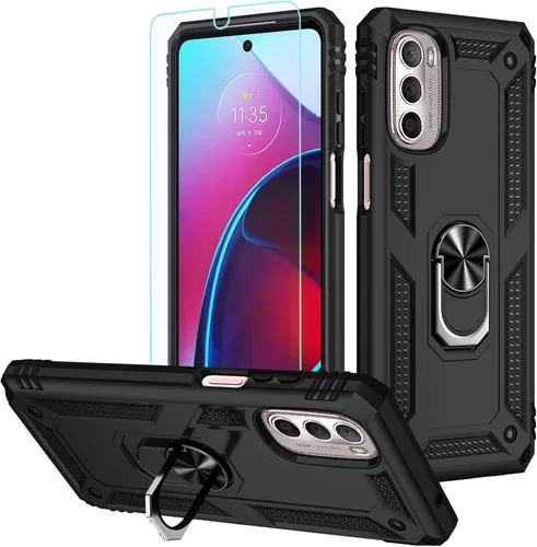 Funda para Moto G Stylus 5G 2022: prueba de caídas de grado militar con protector de pantalla, soporte magnético para anillo y soporte, color negro