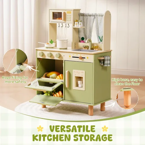 Miniatura 6 de ROBUD Juego de cocina de madera, cocina de juego de simulación para niños, cocina de juguete con microondas, fregadero, estufa y máquina de hielo
