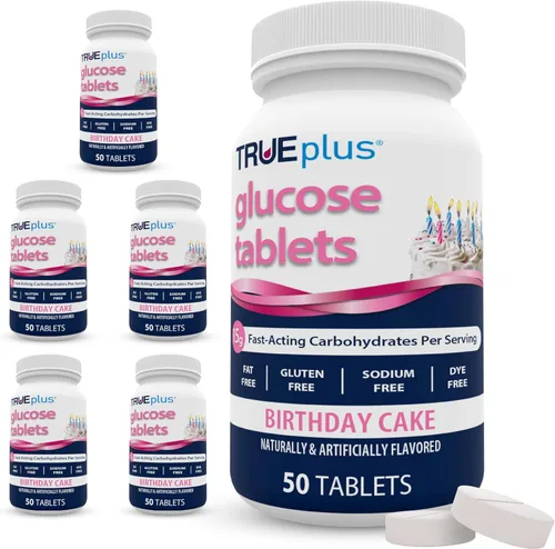 Miniatura 10 de TRUEplus® Tabletas de glucosa, sabor surtido (uva, frambuesa, naranja), botella de 50 unidades (1)