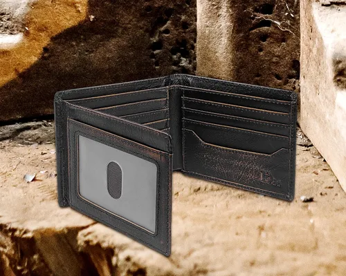 Miniatura 6 de DK86 Billetera plegable de piel auténtica para hombre, bloqueo RFID, capacidad adicional, múltiples ranuras para tarjetas con 2 ventanas