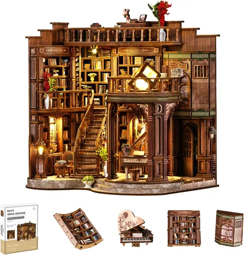 Miniatura 9 de Kit de rincón de libros, kit de casa en miniatura para adultos y adolescentes, rompecabezas de madera 3D para decoración de estantería, regalos