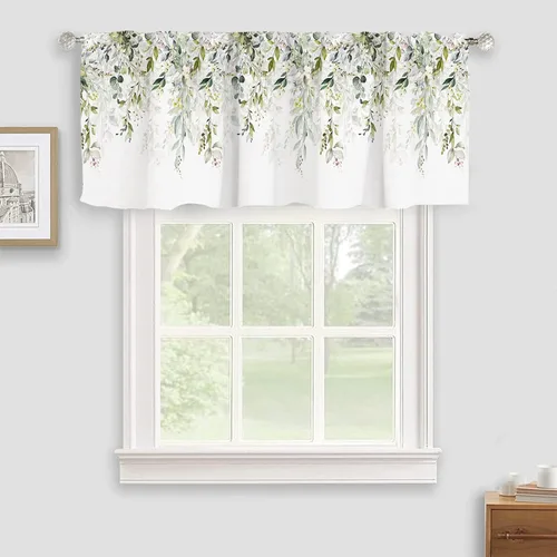 Cortinas Cenefa Verde Salvia Floral Cocina con Bolsillo para Barra Paneles Cortos Acuarela Hojas de Eucalipto Retro Tratamiento de Ventana Cortinas