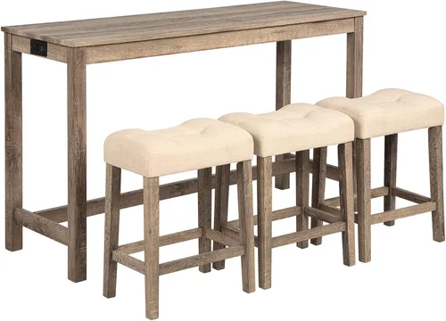 Miniatura 9 de Juego de mesa y sillas de barra de altura de mostrador de 4 piezas con toma de corriente, mesa de comedor rectangular estrecha con 3 taburetes