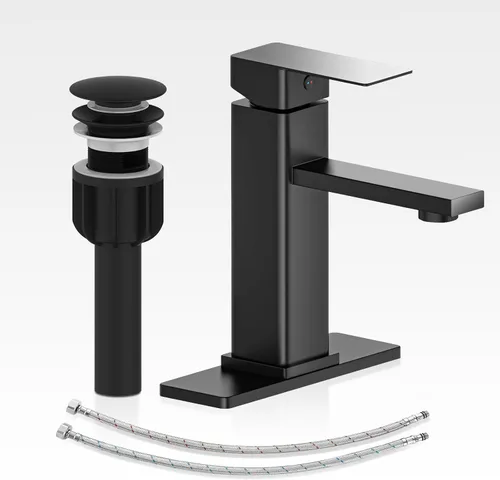 Juego de grifería de baño con desagüe emergente, grifo de lavabo de baño negro de una sola manija con placa de cubierta, grifos de tocador estilo 1.