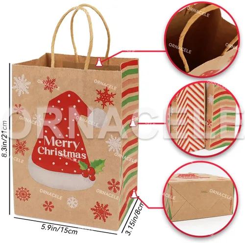 Miniatura 3 de ORNACELE 24 piezas de bolsas de regalo de Navidad surtidas - Pequeñas bolsas de papel kraft con asas e impresiones navideñas para envolver regalos