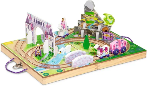 Melissa & Doug 19 piezas de madera para llevar a lo largo de la mesa Kingdom - Carruaje, caballo, unicornio, dragón, más Reino