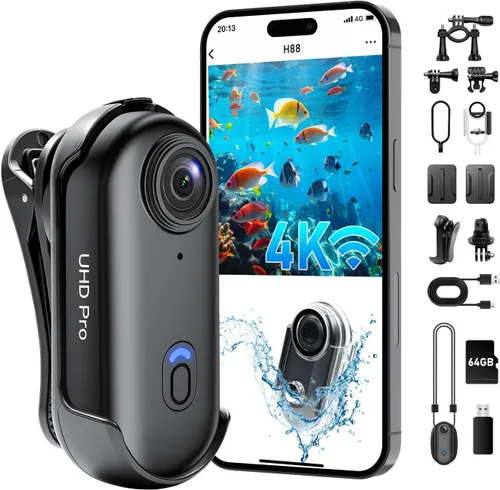 Cámara de acción 4K, cámara corporal portátil con 64 GB, grabación manos libres WiFi POV cámara con funda impermeable, clip trasero, tamaño pulgar
