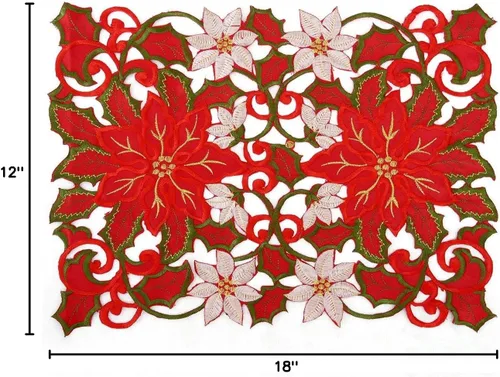 Miniatura 4 de Juego de 4 manteles individuales con bordados de flor de Pascua de Navidad, 12 x 18 pulgadas