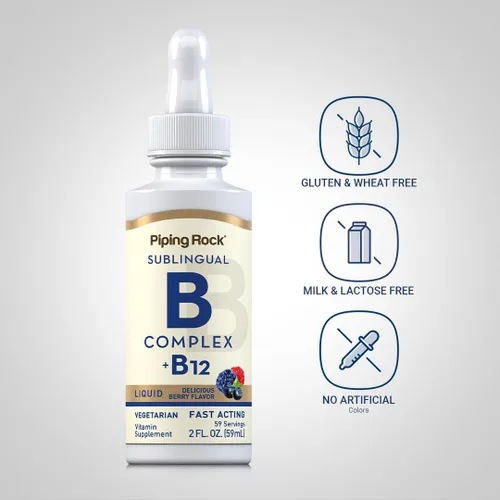 Miniatura 3 de Piping Rock Complejo de vitamina B con B12 Gotas líquidas 1200 mcg 2oz Suplemento sublingual Sabor a bayas Vegetariano, sin OMG, sin gluten