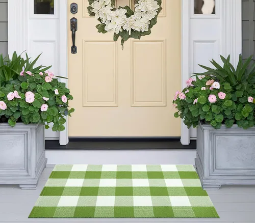 Miniatura 4 de Tapete verde y blanco para puerta delantera 24"x35", alfombra de porche delantero a cuadros búfalo, algodón tejido, lavable a máquina, reversible
