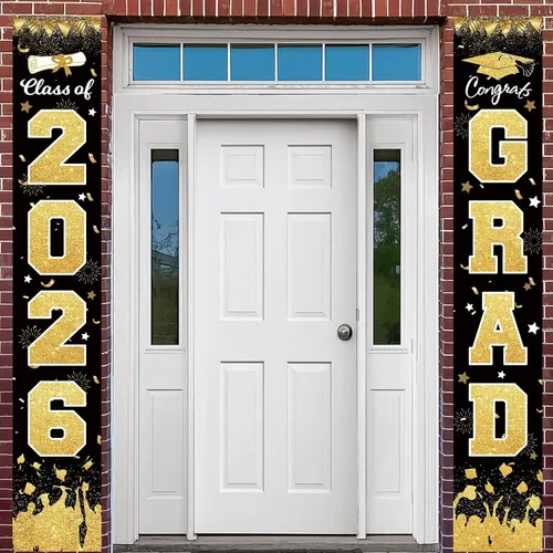 Decoraciones de fiesta de graduación 2026 – Cartel de felicitación de graduación de 2026 para la clase de 2026 en color negro dorado para porche,