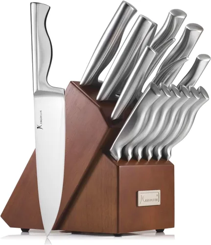 Kangdelun Juego de cuchillos de cocina ultra afilados de 15 piezas con bloque de madera, mango ergonómico antideslizante exclusivo, acero 50CR15MOV