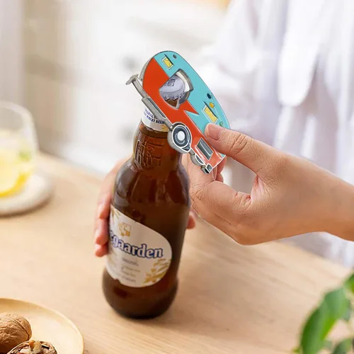 Miniatura 7 de Abrebotellas magnético con captador de tapas, paquete de 2, abridor de botellas de caravana, aleación de zinc, azul y amarillo