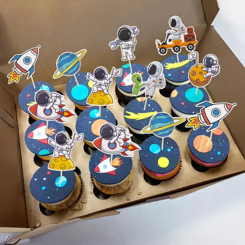 Miniatura 8 de Gyufise 36 piezas de astronauta espacial para cupcakes, planeta, cohete, telescopio, viaje a la luna, para cupcakes para el espacio exterior, baby