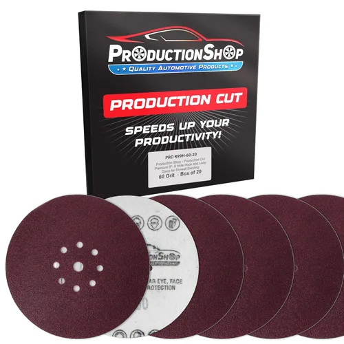 ProductionShop Discos de lijado de grano 60 con patrón rojo de 9 agujeros de 9 pulgadas, caja de 20 – Papel de lija sin polvo con respaldo de gancho