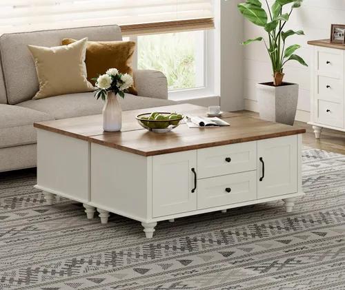 Miniatura 10 de WAMPAT - Mesa de café de granja con gabinete de almacenamiento, mesas de café de madera para la sala de estar, mesa de té rústica rectangular