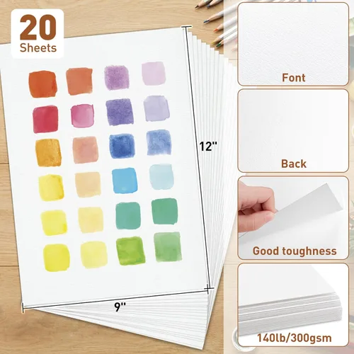 Miniatura 2 de MAXECHO 20 hojas de papel de acuarela de prensa en frío, papel de dibujo de color de agua de algodón de 9 x 12 pulgadas, 140 libras/10.58 oz/m²