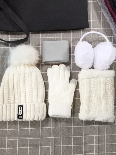 Miniatura 3 de 5 Pieces Women Winter Ski Outing Set, Knit Hat Scarf Gloves Earmuffs Stockings