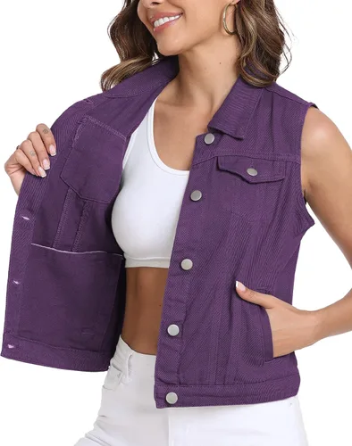 Miniatura 36 de Xeoxarel Chaleco de mezclilla para mujer, chaqueta vaquera sin mangas (XS-XXL)