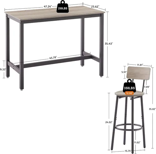 Miniatura 3 de W1162 - Juego de sillas de bar de 5 piezas con 4 asientos suaves de poliuretano con respaldo, mesa y taburetes tapizados industriales, para sala