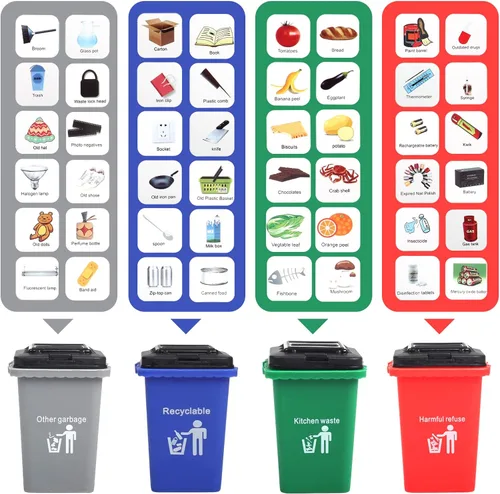 Miniatura 4 de FIVEDAOGANG Pequeño juego de juguetes de camión de basura alimentado por fricción, incluye contenedor de carga frontal, 4 cubos de basura y tarjetas