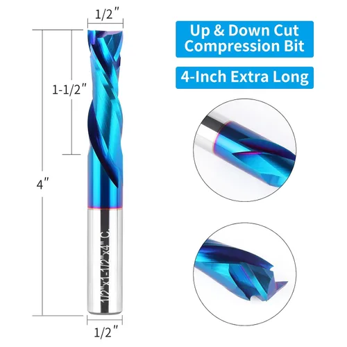 Miniatura 2 de EANOSIC Brocas de fresadora en espiral de compresión ascendente y descendente de 1/2 pulgada de diámetro de corte con revestimiento nano azul